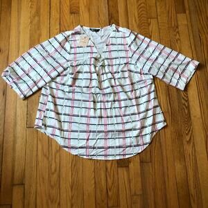 Bloomchic NWT White Pink Square Pattern Zip Front Blouse 3/4 Sleeve Size 18-20